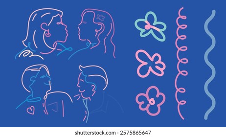 Colorful line art of diverse couples and abstract shapes. Features male and female figures, butterflies, and wavy lines in pink, blue, and green. Doodle vector set.