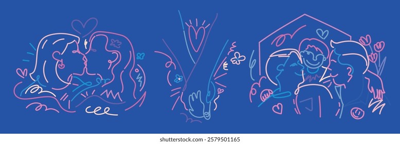 Colorful line art of diverse couples kissing and holding hands. Romantic and inclusive design with hearts and flowers. Love and diversity theme. Doodle vector set.