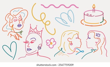 Colorful line art of diverse faces, abstract shapes, and a birthday cake. Vibrant illustrations of women, a crown, and decorative elements. Doodle vector set.