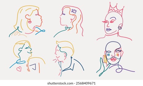 Colorful line art of diverse faces, including male, female, and gender-neutral profiles. Vibrant and abstract, showcasing unique expressions and styles. Doodle vector set.