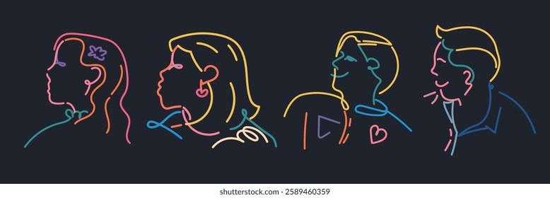 Colorful line art of diverse people in profile. Vibrant outlines of faces in profile. Creative line art of diverse individuals. Unique line art style. Doodle vector set.