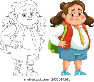 Colorful and line art drawings of a cheerful girl