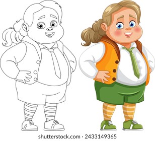 Colorful and line art drawings of a cheerful girl