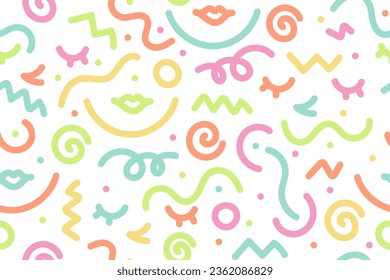Colorful line art face, lips, eyes doodle seamless pattern. Creative and fun style art background, trendy design. Editable for repeat pattern.