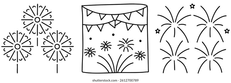 A Colorful line art featuring fireworks and festive decorations creates joyful atmosphere for celebrations