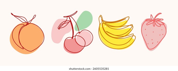Colorful line art featuring peach, cherry, banana, and strawberry, minimalist style, vibrant hues represent natures bounty, perfect for design projects, fruits, editable, stroke, vector concept.