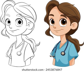 Colorful and line art of a female doctor cartoon