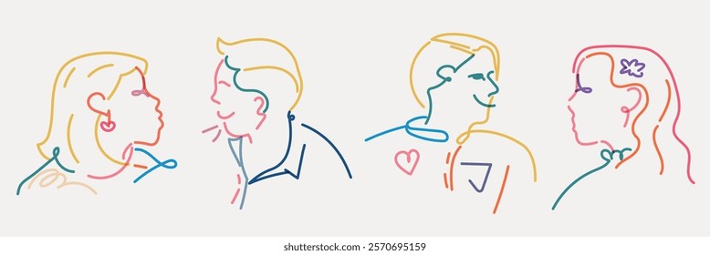 Colorful line art of four diverse profiles. Vibrant outlines of two men and two women, each with unique hairstyles and expressions. Artistic and diverse line art. Doodle vector set.