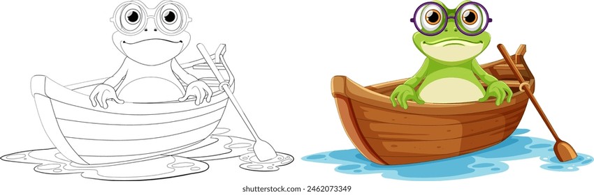 Colorful and line art frog in a boat