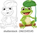 Colorful and line art frog illustrations with umbrella