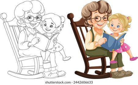Colorful and line art of grandma reading to child