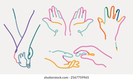 Colorful line art of hands in various poses. Vibrant hand outlines show gestures, connection, and creativity. Artistic hands, colorful and expressive. Doodle vector set.