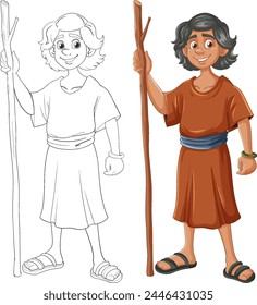 Colorful and line art of a happy young shepherd.