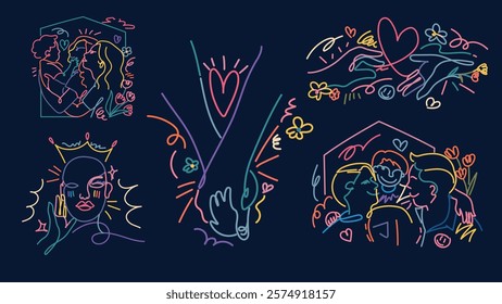 Colorful line art with hearts, couples, and hands. Vibrant heart motifs, diverse couples, expressive hands. Love, connection, and unity in neon lines. Doodle vector set.