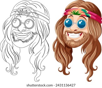 Colorful and line art hippie character with headband.