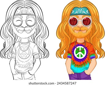 Colorful and line art hippie character with peace symbol.