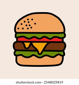 A colorful line art illustration of a cheeseburger with lettuce, tomato, and cheese.