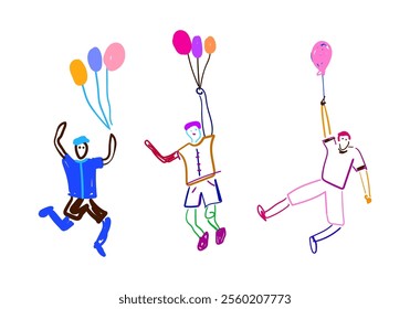 A colorful line art illustration featuring a collection of people flying with balloons, symbolizing freedom and joy.