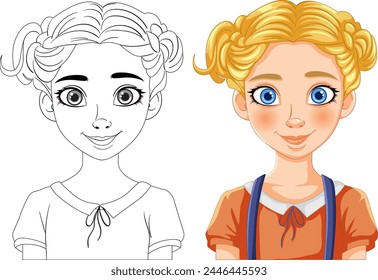 Colorful and line art illustrations of a girl