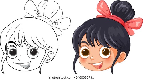 Colorful and line art illustrations of a girl