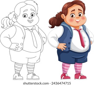 Colorful and line art illustrations of a happy schoolgirl