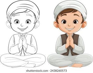 Colorful and line art illustrations of a happy boy