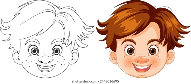 Colorful and line art illustrations of a happy boy