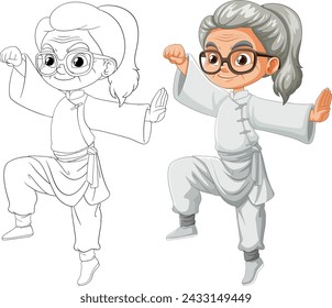 Colorful and line art illustrations of a karate grandma