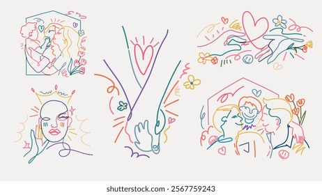 Colorful line art illustrations of love and connection. Features diverse couples, hearts, and hands. Emphasizes love, diversity, and connection. Doodle vector set.