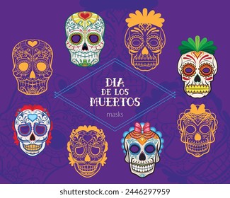 Colorful and line art illustrations of masks for the day of the dead, "Dia de los muertos".