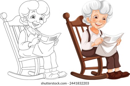 Colorful and line art illustrations of a reading grandma.
