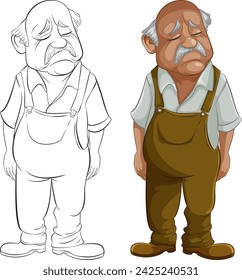 Colorful and line art illustrations of a sad elderly man.