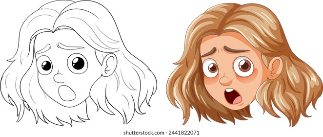 Colorful and line art illustrations of a surprised girl.