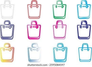 Colorful line art, shopping bags, minimalist design, pastel colors, simple icons, geometric shapes, flat illustration, vector graphics, tote bag outlines, diverse color palette, digital art style, cle