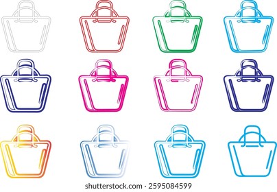 Colorful line art, shopping bags, minimalist design, pastel colors, simple icons, geometric shapes, flat illustration, vector graphics, tote bag outlines, diverse color palette, digital art style, cle