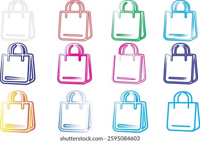 Colorful line art, shopping bags, minimalist design, pastel colors, simple icons, geometric shapes, flat illustration, vector graphics, tote bag outlines, diverse color palette, digital art style, cle