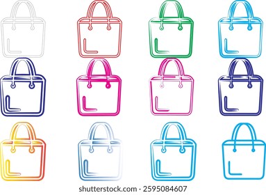 Colorful line art, shopping bags, minimalist design, pastel colors, simple icons, geometric shapes, flat illustration, vector graphics, tote bag outlines, diverse color palette, digital art style, cle