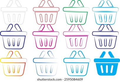 Colorful line art, shopping bags, minimalist design, pastel colors, simple icons, geometric shapes, flat illustration, vector graphics, tote bag outlines, diverse color palette, digital art style, cle