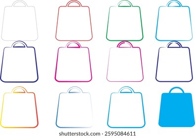 Colorful line art, shopping bags, minimalist design, pastel colors, simple icons, geometric shapes, flat illustration, vector graphics, tote bag outlines, diverse color palette, digital art style, cle