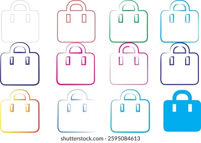 Colorful line art, shopping bags, minimalist design, pastel colors, simple icons, geometric shapes, flat illustration, vector graphics, tote bag outlines, diverse color palette, digital art style, cle