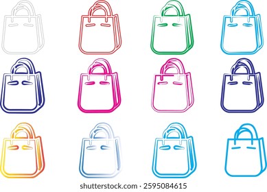 Colorful line art, shopping bags, minimalist design, pastel colors, simple icons, geometric shapes, flat illustration, vector graphics, tote bag outlines, diverse color palette, digital art style, cle