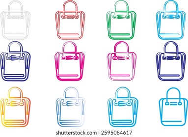 Colorful line art, shopping bags, minimalist design, pastel colors, simple icons, geometric shapes, flat illustration, vector graphics, tote bag outlines, diverse color palette, digital art style, cle