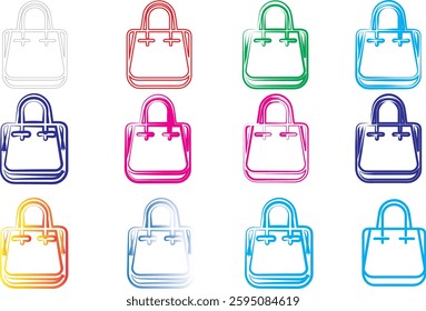 Colorful line art, shopping bags, minimalist design, pastel colors, simple icons, geometric shapes, flat illustration, vector graphics, tote bag outlines, diverse color palette, digital art style, cle