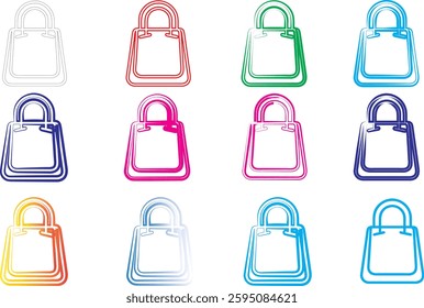 Colorful line art, shopping bags, minimalist design, pastel colors, simple icons, geometric shapes, flat illustration, vector graphics, tote bag outlines, diverse color palette, digital art style, cle