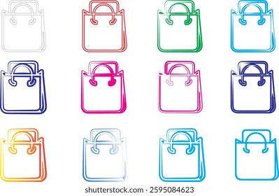 Colorful line art, shopping bags, minimalist design, pastel colors, simple icons, geometric shapes, flat illustration, vector graphics, tote bag outlines, diverse color palette, digital art style, cle