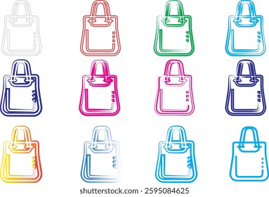 Colorful line art, shopping bags, minimalist design, pastel colors, simple icons, geometric shapes, flat illustration, vector graphics, tote bag outlines, diverse color palette, digital art style, cle