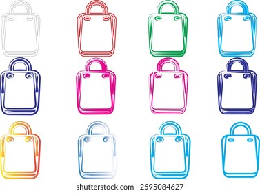 Colorful line art, shopping bags, minimalist design, pastel colors, simple icons, geometric shapes, flat illustration, vector graphics, tote bag outlines, diverse color palette, digital art style, cle