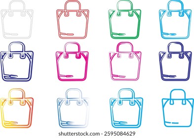 Colorful line art, shopping bags, minimalist design, pastel colors, simple icons, geometric shapes, flat illustration, vector graphics, tote bag outlines, diverse color palette, digital art style, cle