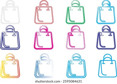 Colorful line art, shopping bags, minimalist design, pastel colors, simple icons, geometric shapes, flat illustration, vector graphics, tote bag outlines, diverse color palette, digital art style, cle