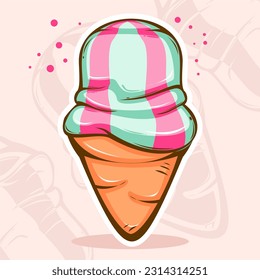 colorful line art strawberry ice cream in cone